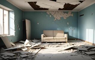 A room with a couch and a broken window photo