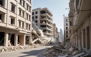 A street in the middle of a city with rubble and buildings photo
