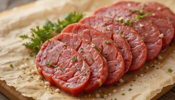Sliced beef on a cutting board with parsley photo