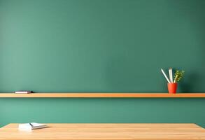 empty table top on classroom with blank chalkboard copy space background photo