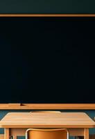 empty table top mockup on classroom with blank chalkboard copy space background photo