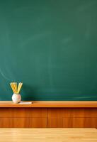 empty table top mockup on classroom with blank chalkboard sign copy space background photo