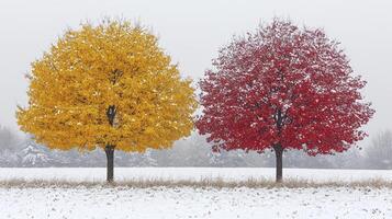 Two trees in the snow with red and yellow leaves photo