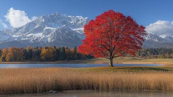 A red tree stands in front of a lake with mountains in the background photo