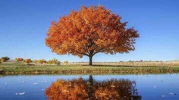 A tree with orange leaves and a reflection in the water photo