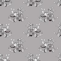 A seamless, repeating pattern featuring a vintage cartoon illustration of a cheerful mechanic holding a wrench next to a smoking, broken-down car vector