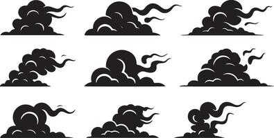Cloud Silhouette Collection in Black Featuring Swirling and Windy Forms vector