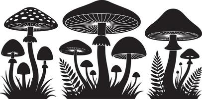 Mushroom Silhouette Featuring Wild Forest Fungi with Ferns and Grass for Botanical Art vector