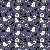 halloween seamless pattern with ghosts, bats, and cats vector