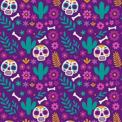 day of the dead pattern with skulls and cactus