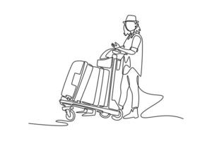 woman tourist passenger is using mobile application to call pick up taxi at airport terminal. Airport activity concept. Single line draw design. graphic illustration vector