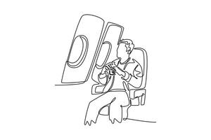 man sitting in a seat in airplane and looking out the window going on a trip vacation travel. Airport activity concept. Single line draw design. graphic illustration vector