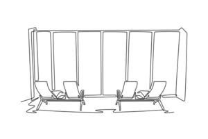 View from an airport terminal window showing chairs facing the runway. Airport activity concept. Single line draw design. graphic illustration vector