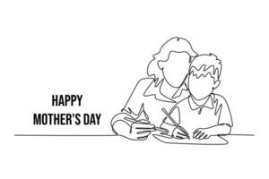 Mom helping child with homework. Mothers day concept. Single line draw design. graphic illustration vector