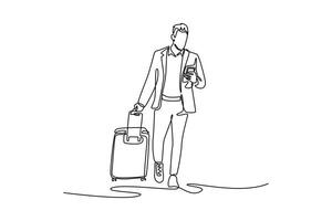 Young Middle Guy Browsing Internet On Cellphone While Going To Flight Gate. Airport activity concept. Single line draw design. graphic illustration vector