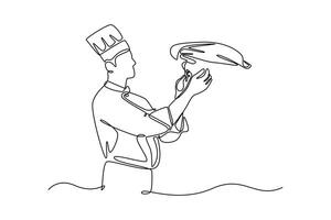 Skilled chef preparing dough for pizza rolling with hands. Chef activity concept. Single line draw design. graphic illustration vector