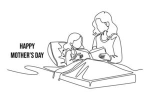 Mom and child bedtime story. Mothers day concept. Single line draw design. graphic illustration vector