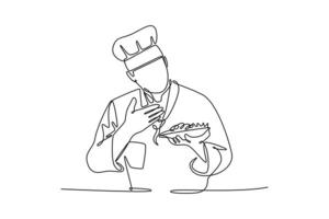Mise en place. male chef wearing uniform, holding plate of spaghetti. Chef activity concept. Single line draw design. graphic illustration vector