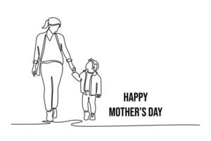 Mom and son walking. Mothers day concept. Single line draw design. graphic illustration vector