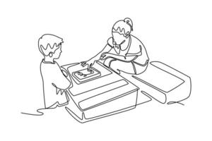Mom and child playing board games. Mothers day concept. Single line draw design. graphic illustration vector
