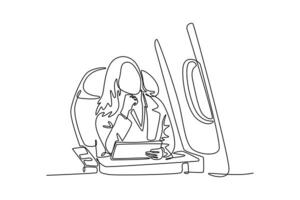 sitting at a window seat on a plane with her digital tablet. Airport activity concept. Single line draw design. graphic illustration vector