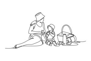 Mother and child picnic. Mothers day concept. Single line draw design. graphic illustration vector