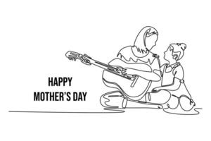 Mom and child playing musical instruments. Mothers day concept. Single line draw design. graphic illustration vector