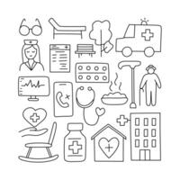 Elderly care. doodle icons set. Isolated, on white background. vector