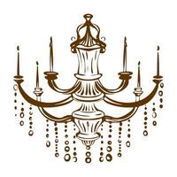 Hand drawn of a classic crystal chandelier. Contour drawing in ornate baroque and rococo style. Isolated ceiling lamp design for interior decor and antique lighting concepts. vector