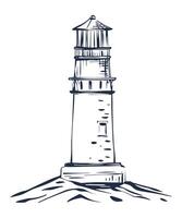 Line art of a lighthouse on the shore. Minimal icon for nautical themes. vector