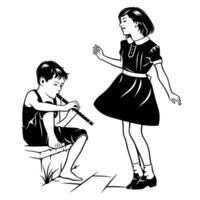Boy playing flute for girl dancing. Kids Playing Outdoors. Black and white illustration. Both figures and background are separate objects. vector
