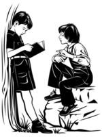 Boy and Girl Reading Book Outdoors. Kids reading book near the tree. Brother reading book for sister at backyard. Black and white illustration. Both figures, tree and rock are the separate objects. vector