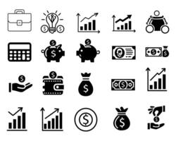 sets of investment-themed solid icons, including symbols like an upward graph, piggy bank, money, and calculator. Perfect for financial presentations, apps, or websites. vector