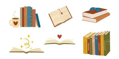 Set of isolated books in simple flat style. Different stacks of books, open books. Educational theme. White isolated background vector