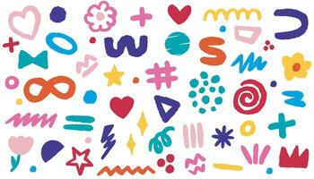 Naive abstract shapes in doodle grunge style in multi colored. Squiggles, circles, asterisk, infinity sign, dots and wavy bold lines. illustration with colorful geometric elements. vector