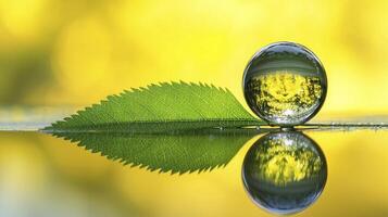 A leaf and a drop of water on a yellow background photo