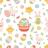 Easter seamless pattern with bunnies, chicks, painted eggs, basket with eggs, flowers, goose. Design for textiles, wallpaper, wrapping paper vector