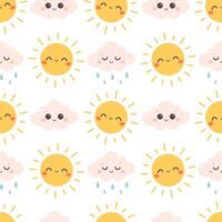 Cute seamless pattern with cloud and sun characters. Printing on textiles, wallpaper, wrapping paper, card vector