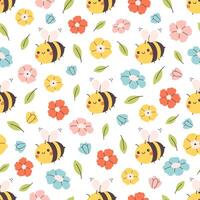 Cute seamless pattern with colorful various flowers and bees. Springtime, summertime. Printing on textiles, wallpaper, wrapping paper. vector