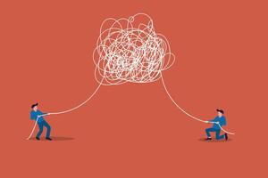 Businessman Unravel business chaos process with tangle difficult problem mess. concept of find solution, thinking process and problem solving vector