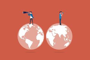 Businessman standing on globe using telescope and megaphone to see vision or future opportunity vector