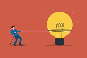 Businessman pulling a lightbulb. concept of business idea, putting thoughts, and innovation vector