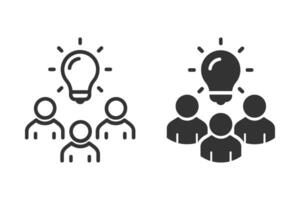 Group of people brainstorming together icon set. with a light bulb shining above them symbolizing a bright idea. Concept for teamwork, innovation, and problem-solving vector