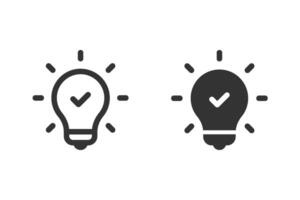 Light Bulb with checkmark icon set. representing a quick tip, successful idea, solution, or approved concept. illustration vector