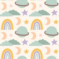 Cute seamless pattern with childish doodles in pastel colors - planets, clouds, stars, rainbow, moon. hand-drawn flat illustration. Perfect for print, wrapping paper, wallpaper, fabric, textile vector