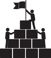 Abstract black and white silhouette showing teamwork and collaboration with figures stacking blocks to achieve success, highlighting ambition, leadership, and effort in an engaging minimalist design. vector