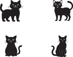 Collection of four charming black cat illustrations featuring adorable expressions and poses, perfect for designs depicting pets, animal themes, or playful and whimsical concepts. vector