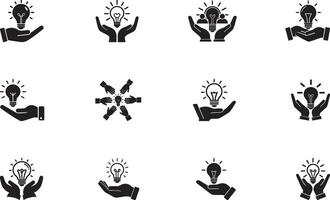 Collection of black icons depicting hands holding light bulbs, symbolizing ideas, creativity, innovation, and support. Ideal for themes like teamwork, collaboration, inspiration, and problem solving. vector