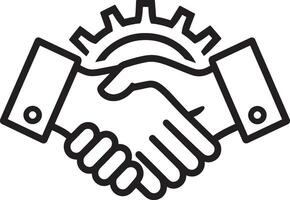A black and white handshake icon, signifying trust, partnership, teamwork, and business collaboration with symbolic gear elements. vector