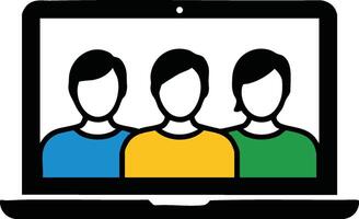 Colorful illustration of three people displayed on a laptop screen to signify online communication, teamwork, or virtual teamwork in modern contexts. vector